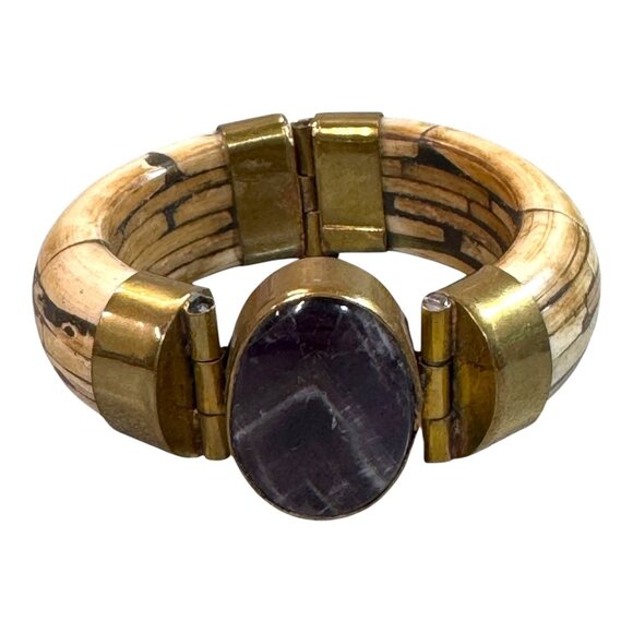 Vtg Carved Bone Boho Brass Wood Bangle Bracelet Large Amethyst Stone Statement - Picture 1 of 10